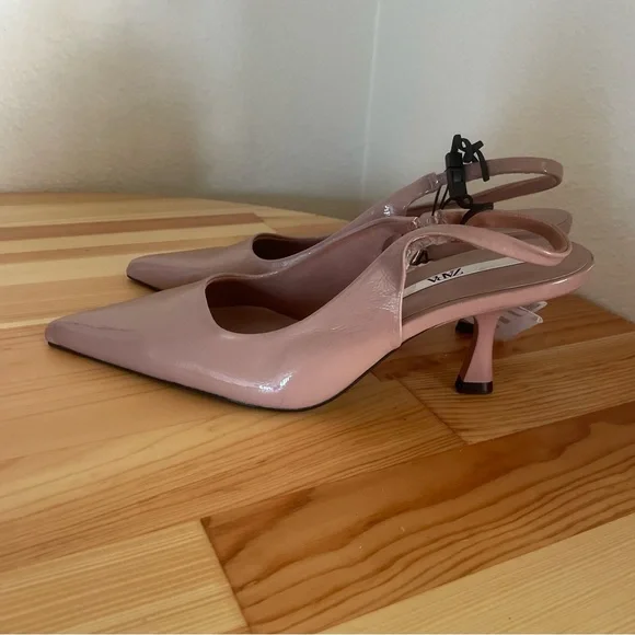 NWT Zara Pink Patent Leather Slingback Pointed Toe Kitten Heels - Picture 3 of 6
